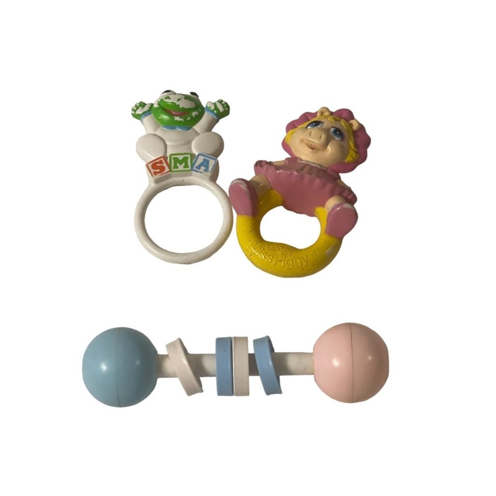 3 Piece Lot Vintage Baby Rattle Toys Kermit The Frog, Miss Piggy, Interactive